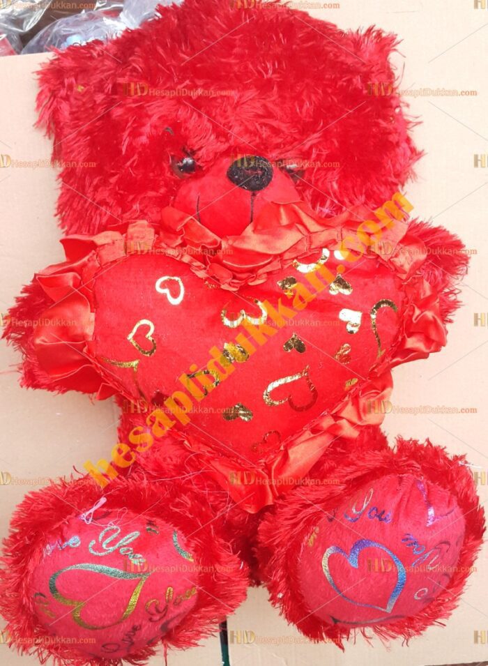 Toptan 35 cm peluş oyuncak sesli kalpli ayı kırmızı