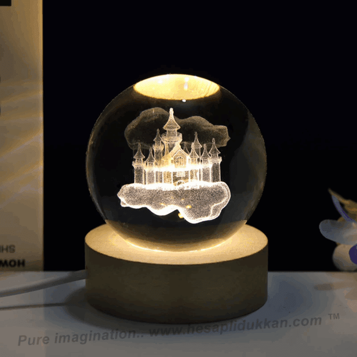 3D lazer Işıklı Kristal Küre Buluttaki Şato 120 mm