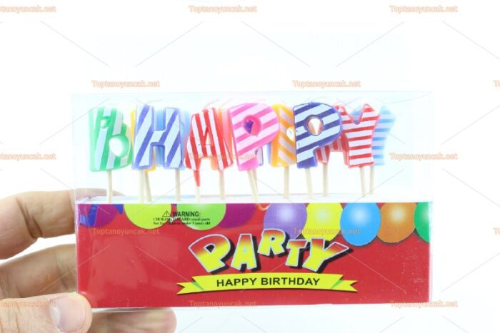 Toptan doğum günü mumu çizgili happy birthday harfleri